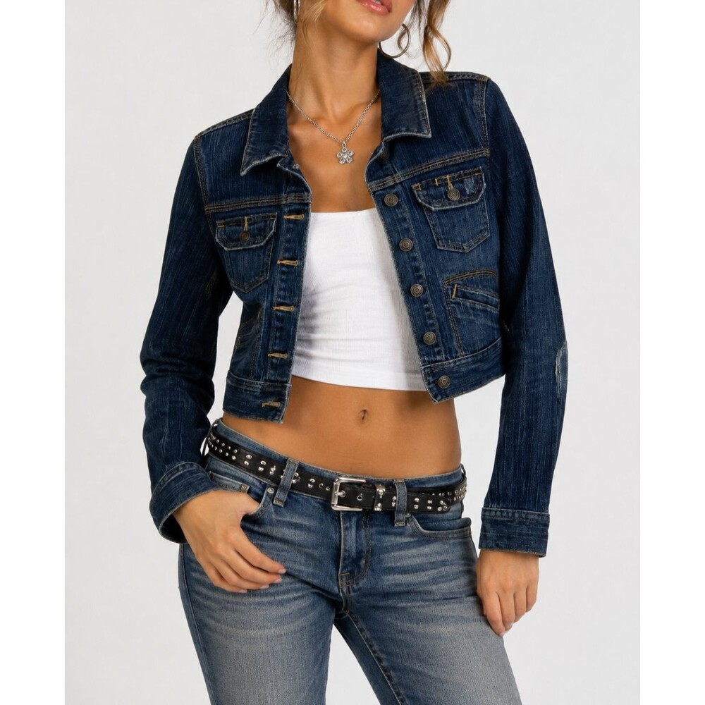 Vintage Old Navy Denim Jacket Small Crop Distressed Stretch Y2K Classic Casual